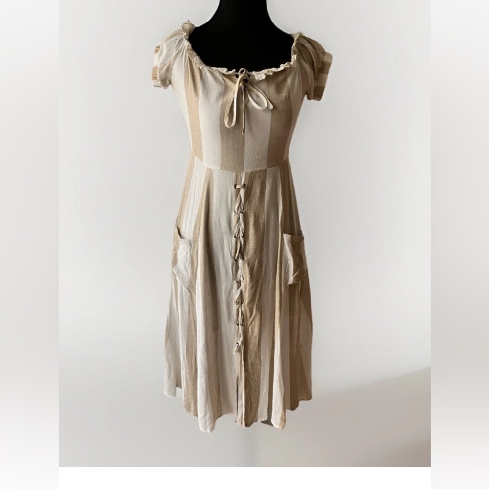 Showpo Beige & Cream Striped Tie-Front Mini Dress